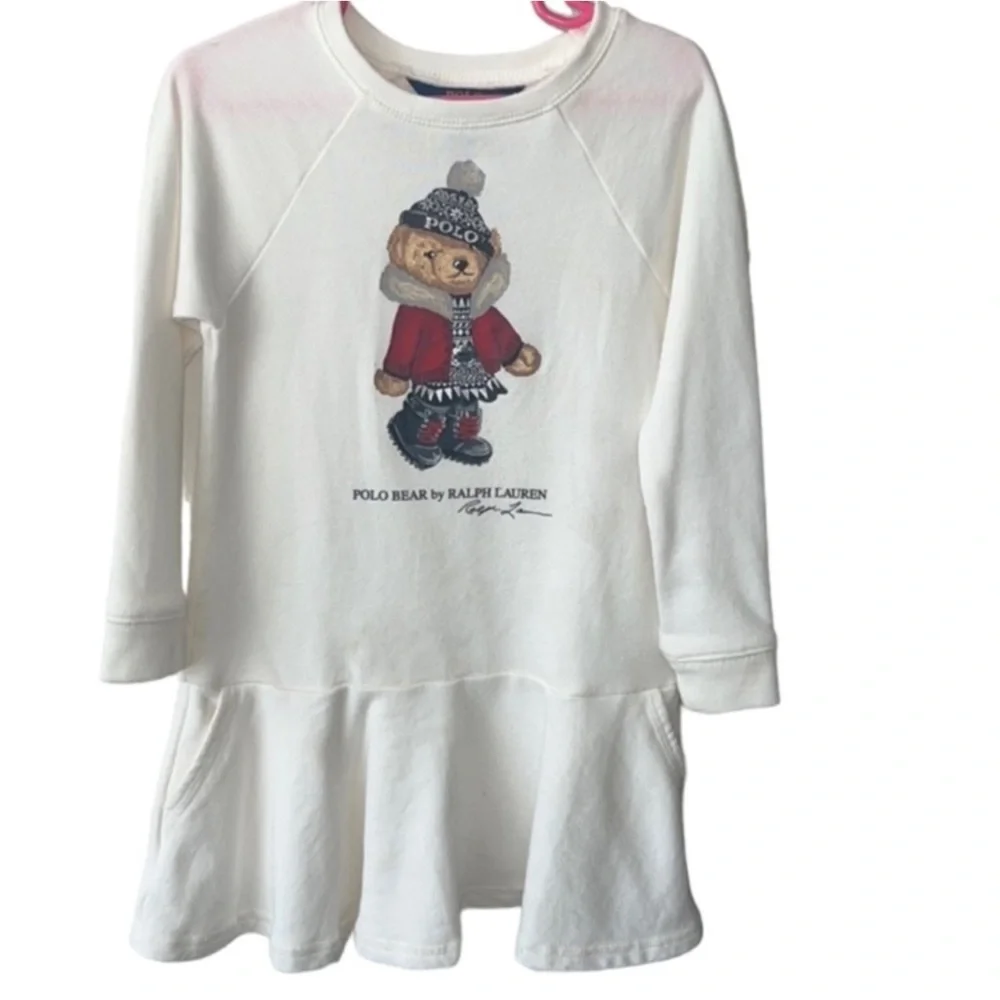 Authentic Ralph Lauren Polo designer Bear Cotton Fleece Dress sz 4 girls